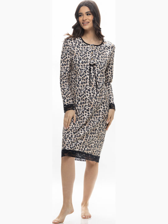 Galaxy Χειμερινό Βαμβακερό Γυναικείο Νυχτικό Animal Print Galaxy Χειμερινό Βαμβακερό Γυναικείο Νυχτικό Animal Print