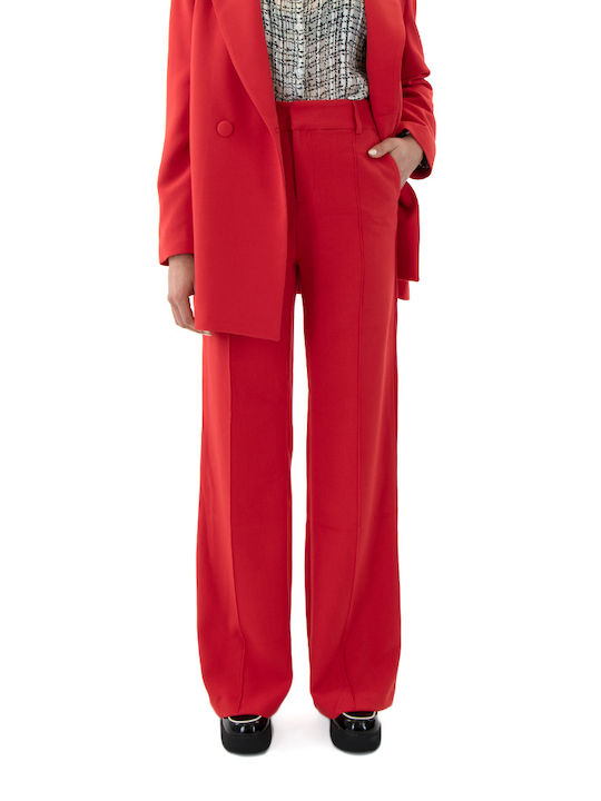 MY T Pants Women My T Wearables Women's High-waisted Fabric Trousers in Wide Line RED