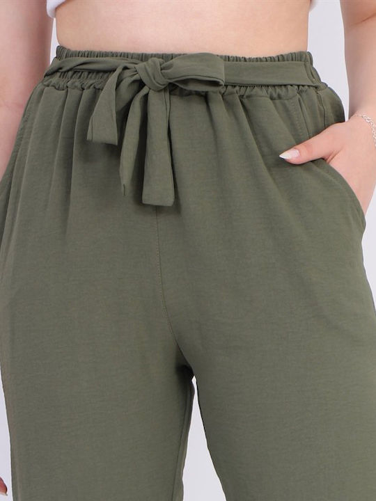 K4U Women's High-waisted Fabric Trousers with Elastic Khaki