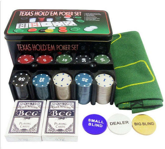 Set 200 Numbered Poker Chips 12gr in Metallic Box with 2 Decks and Felt
