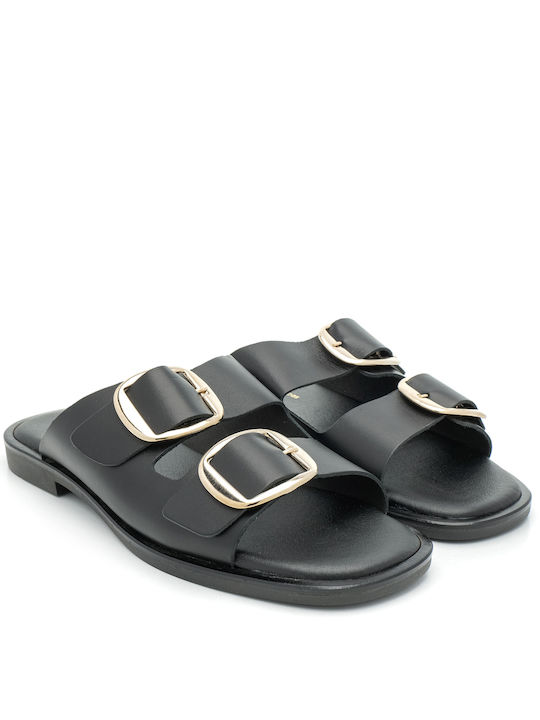 Ioannis Leather Women's Flat Sandals in Black Color