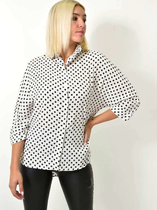 Potre Women's Polka Dot Long Sleeve Shirt White