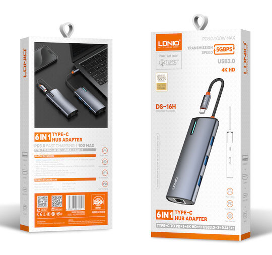 Ldnio DS-16H USB-C Docking Station mit HDMI 4K PD Ethernet Gray