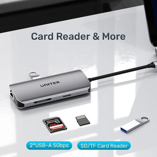 Unitek USB-C Docking Station με HDMI 4K PD Ethernet και σύνδεση 2 Οθονών Ασημί