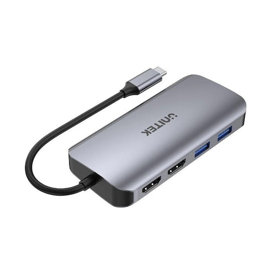Unitek USB-C Docking Station με HDMI 4K PD Ethernet και σύνδεση 2 Οθονών Ασημί
