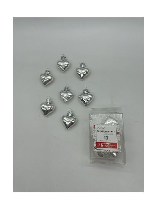 Set of Silver Heart Christmas Tree Ornaments 3.7x3.7x12cm 12 Pieces