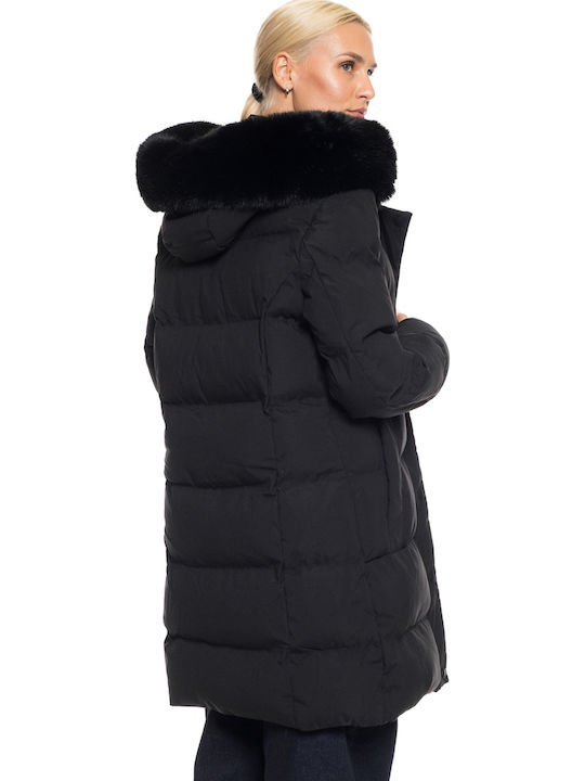 Women's Long Lifestyle Jacket for Winter with Hood Black