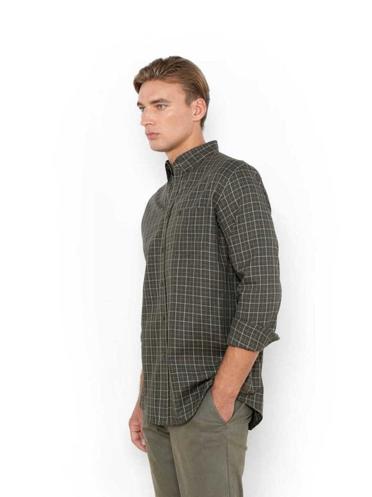 The Bostonians Long-sleeved Cotton Shirt Checked Olive