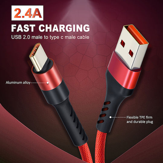 Cabletime Ct-pu32 Braided USB 2.0 Cable USB-C male - USB-A 12W Red 1m