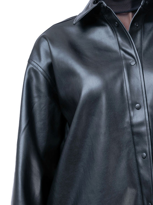 Langärmelig Damen Leder Hemd Schwarz