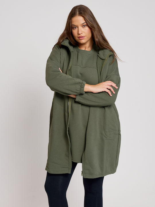 Μακριά Fleece Γυναικεία Ζακέτα με Φερμουάρ Χακί