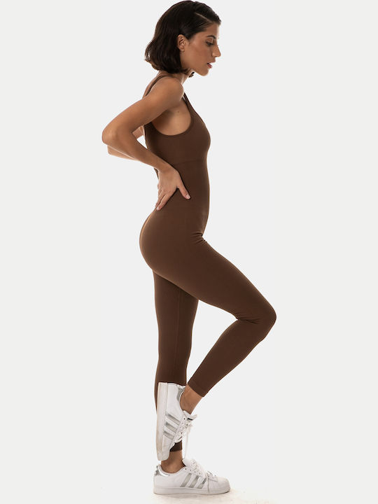 Fitted Jumpsuit with Wide Straps Brown Brown