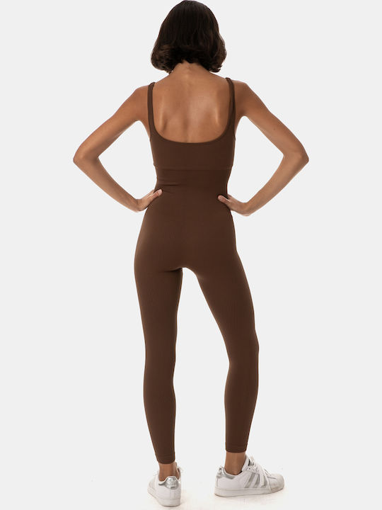 Fitted Jumpsuit with Wide Straps Brown Brown