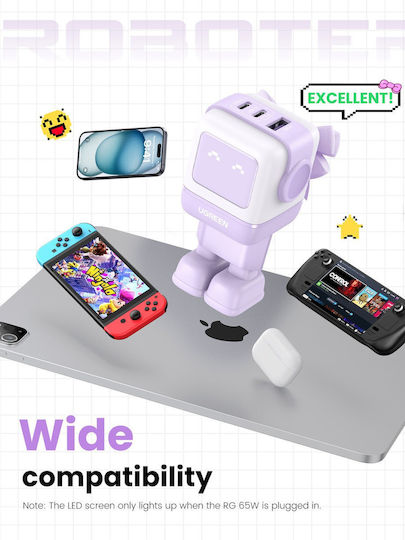 Ugreen Charger Without Cable GaN with USB-A Port and 2 USB-C Ports 65W Power Delivery / Quick Charge 4.0 Purple (Robot)