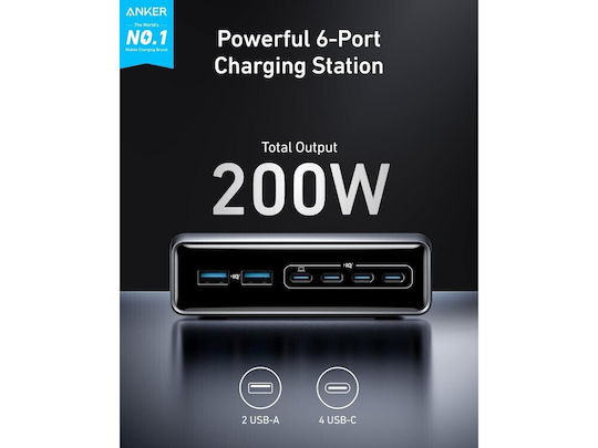 Anker GaN Charging Station with 2 USB-A Ports and 4 USB-C Ports 200W Power Delivery / Quick Charge 4.0 in Black Colour (Prime)