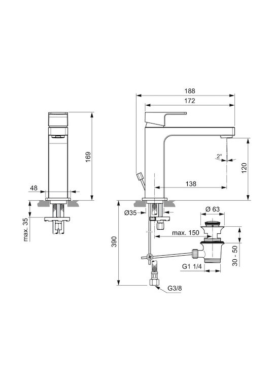 Faucet Ideal Standard Edge A7106 Standing Washbasin Grande 28 Mm Ceramic Shut-off Mechanism Metal Handle Hot Cold Water Indicator Metal Emptier