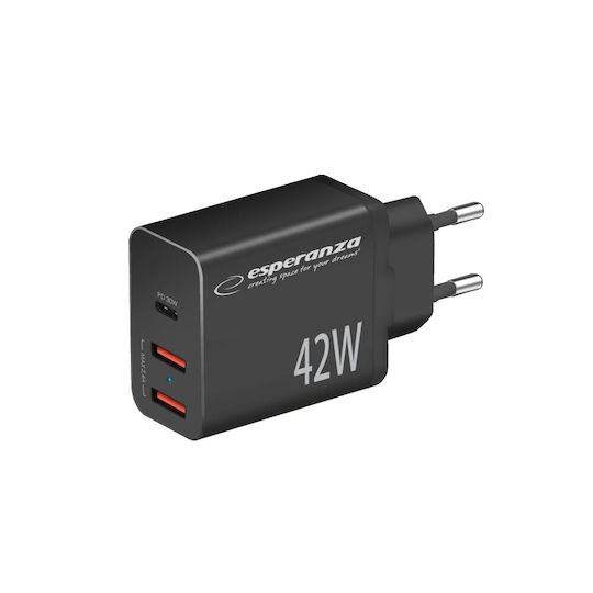 Esperanza Charger Without Cable with 2 USB-A Ports and USB-C Port 42W Power Delivery Blacks (EZC106K)