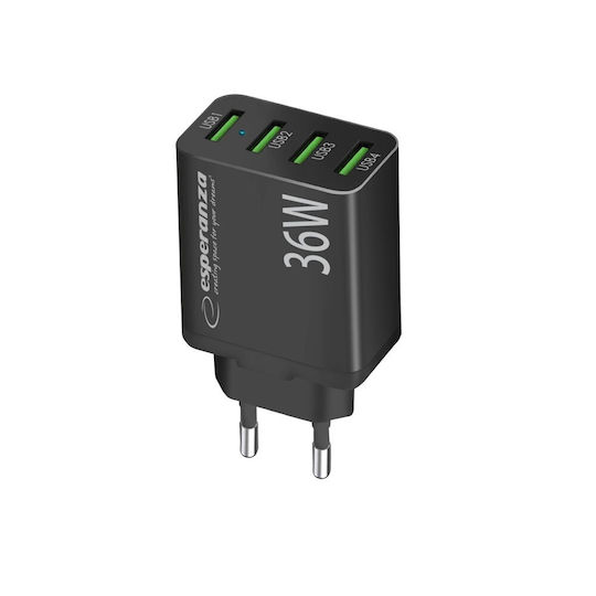 Esperanza Charger Without Cable with 4 USB-A Ports 36W Quick Charge 3.0 Blacks (EZC107K)