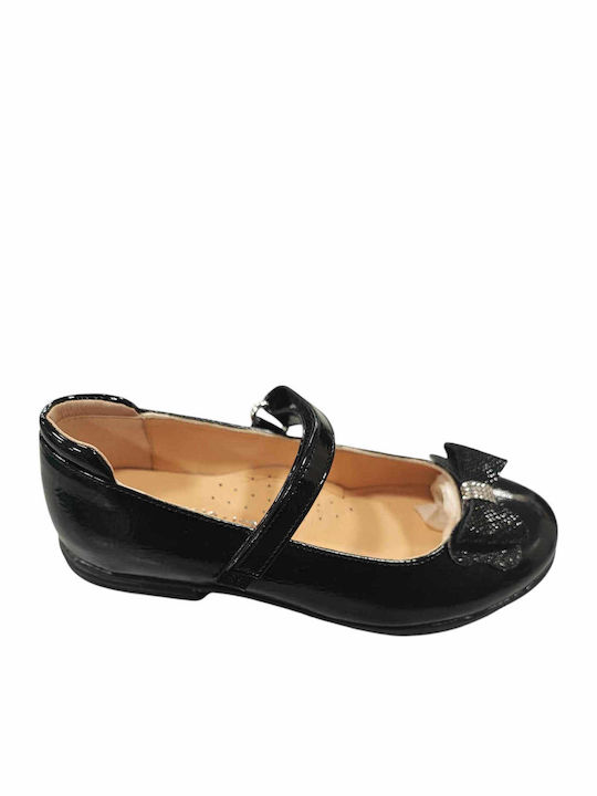 Kids Patent Leather Ballerinas with Hoop & Loop Closure Black