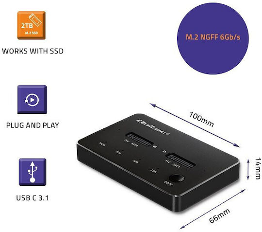 Qoltec Docking Station for 2 Hard Drives SATA M.2 (2230)" / M.2 (2242)" / M.2 (2260)" with Connection USB-C (50310)