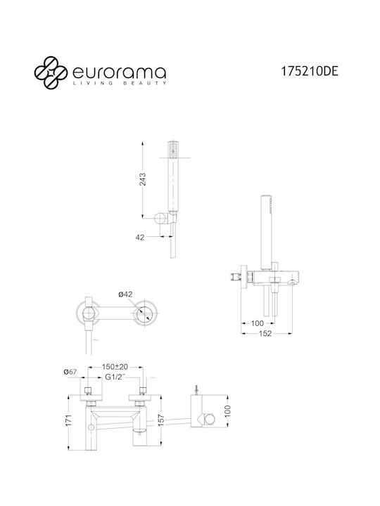 Eurorama Mixing Bathtub Shower Faucet Complete Set Silver