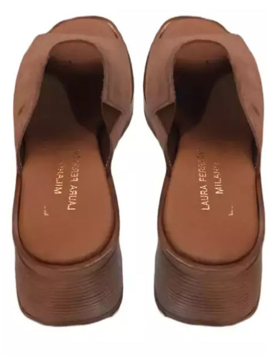 Suede Mules with Chunky Heel in Brown Color