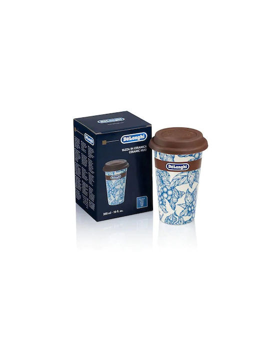 Cana ceramică Delonghi Dlsc064 cu pereți dubli termici, model Delonghi Blue Flower, 300ml, capac din silicon