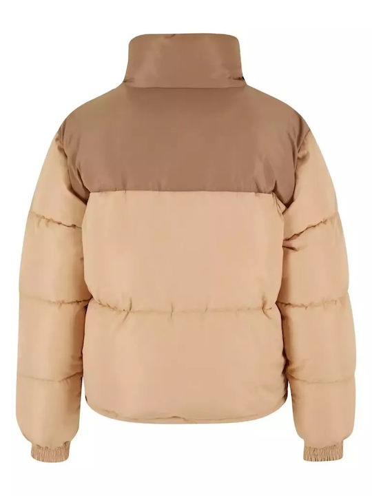Women's Short Puffer Jacket Double Sided for Winter Beige