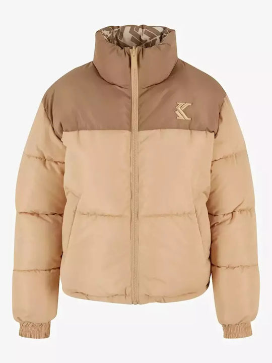Women's Short Puffer Jacket Double Sided for Winter Beige