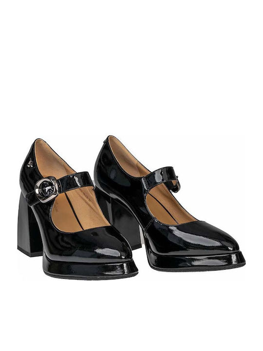 Patent Leather Black Low Heels with Strap
