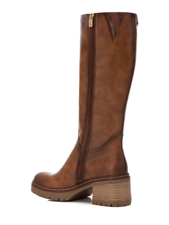 Medium Heel Women's Boots with Zipper Brown