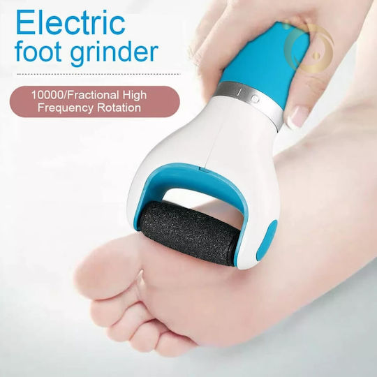 Curățător electric profesional pentru călcâie cu 2 capete abrazive, baterii, USB, ușor de utilizat, alb/albastru