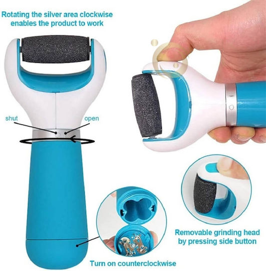 Curățător electric profesional pentru călcâie cu 2 capete abrazive, baterii, USB, ușor de utilizat, alb/albastru