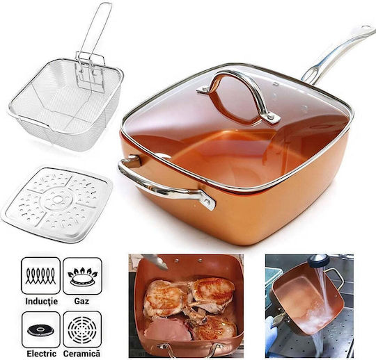 Multifunctional Square Pan with Lid Frying Rack Steaming Tray 24x24x9.5cm Mahogany