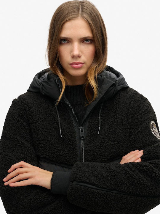 Superdry Everest Women's Short Bomber Jacket for Winter with Hood Black