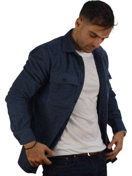 Μακρυμάνικo Φανελένιο Overshirt σε Κανονική Γραμμή Μπλε