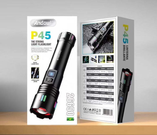 Lanternă LED de mână P45 Rază 500m Indicator baterie Negru