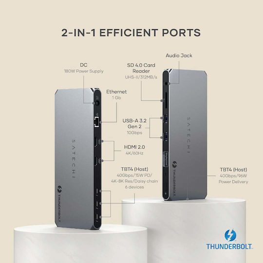 Satechi Thunderbolt 4 Stație de andocare cu PD Ethernet și conexiune 2 monitoare Gri