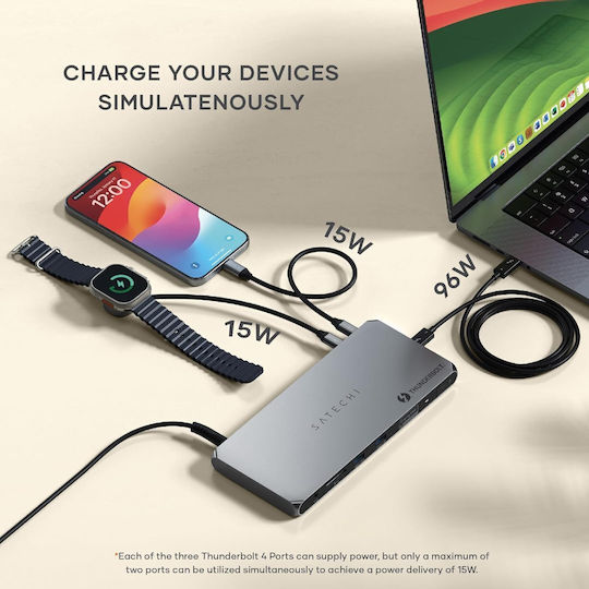 Satechi Thunderbolt 4 Stație de andocare cu PD Ethernet și conexiune 2 monitoare Gri