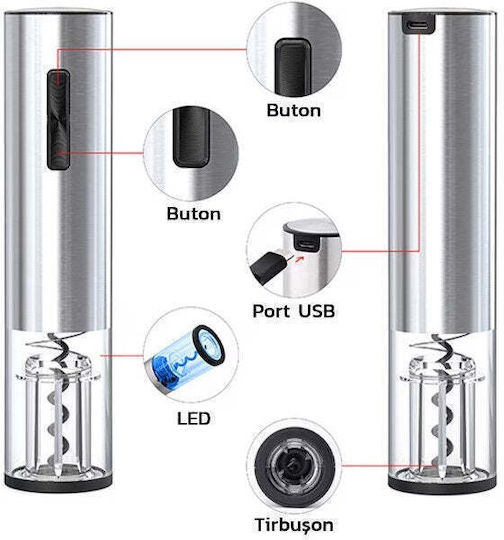 Set Tirbușon Electric Cu Tăietor Încărcător USB Argintiu