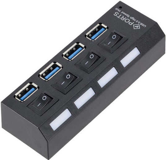 USB Hub 4 Ports USB 3.0 High Speed On Off Button Power Cable Black