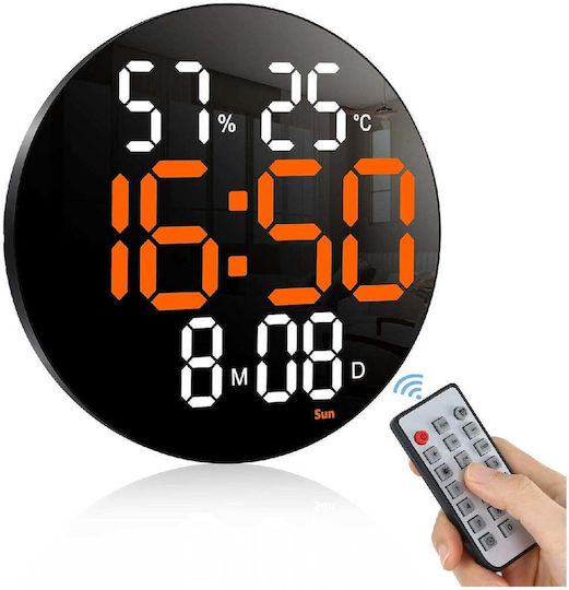 Ceas de Perete Digital LED Rotund cu Telecomandă Afișaj Portocaliu-Alb Negru