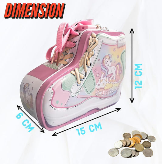 Pușculiță pentru copii în formă de pantof sport Dino Unicorn cu lacăt 12x15x6cm Albastru Roz