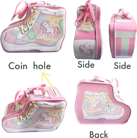 Pușculiță pentru copii în formă de pantof Dino Unicorn cu lacăt 12x15x6cm Albastru Roz