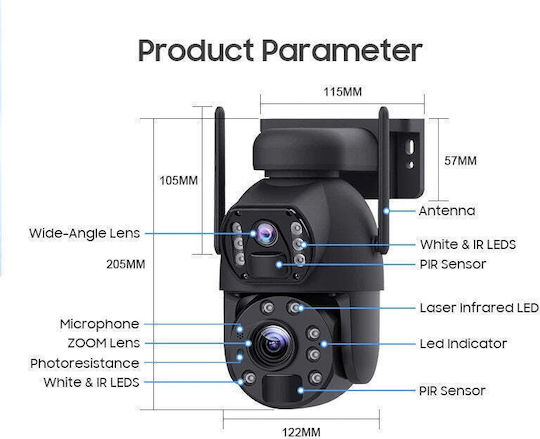 Διπλή Εξωτερική Κάμερα Παρακολούθησης Bluetooth Οπτικό Ζουμ 10x Νυχτερινή Όραση Ip66