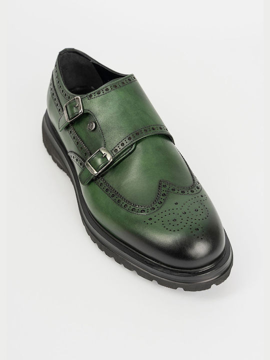 GK Uomo Men's Leather Monk Shoes Green