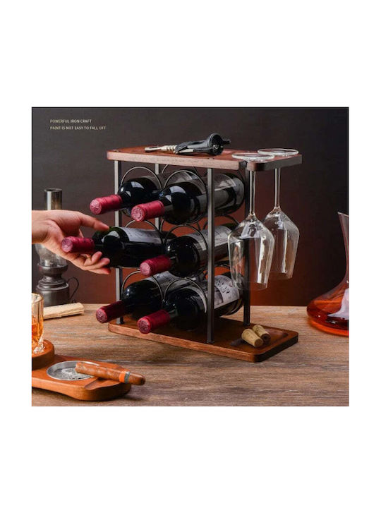 Suport pentru 6 Sticle de Vin 2 Pahare Oțel Lemn 34x16x35 Cm Negru-maro