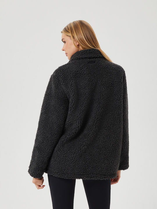 Μακριά Fleece Γυναικεία Ζακέτα με Φερμουάρ Dark Antracite Melange