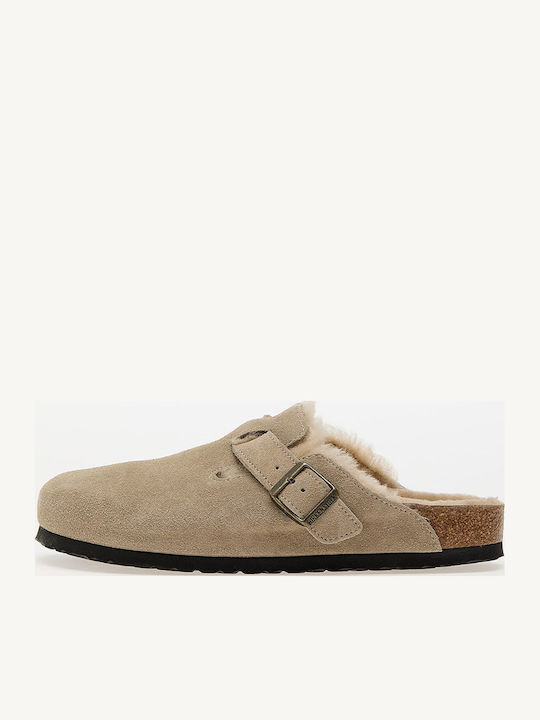 Boston Shearling Suede Winter Women's Slippers with Fur Brown Narrow Fit