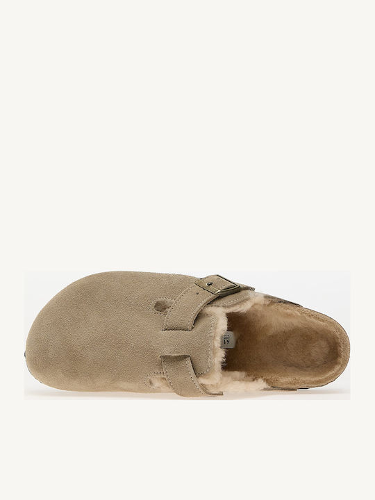 Boston Shearling Suede Winter Women's Slippers with Fur Brown Narrow Fit